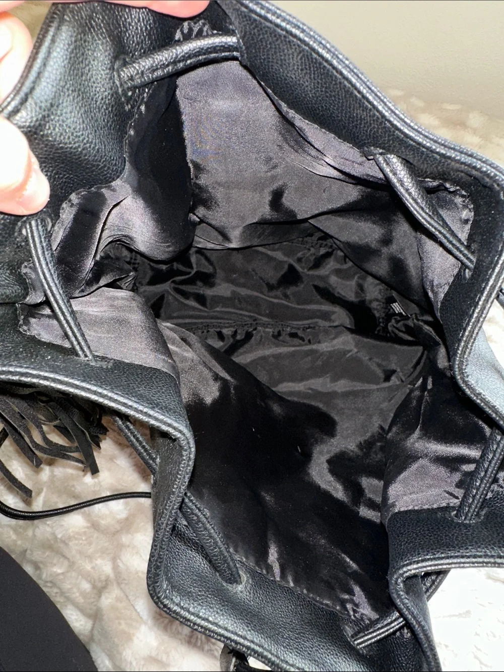 Victoria's Secret Black Leather Fringe Hobo Bucket Bag